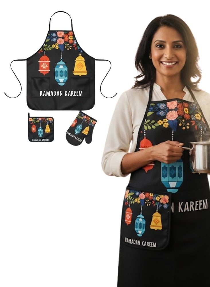 بريميم طقم مريلة مطبخ رمضان كريم بتصميم فانوس مزهر يشمل مريلة وقفاز فرن وحامل أواني - Image 1